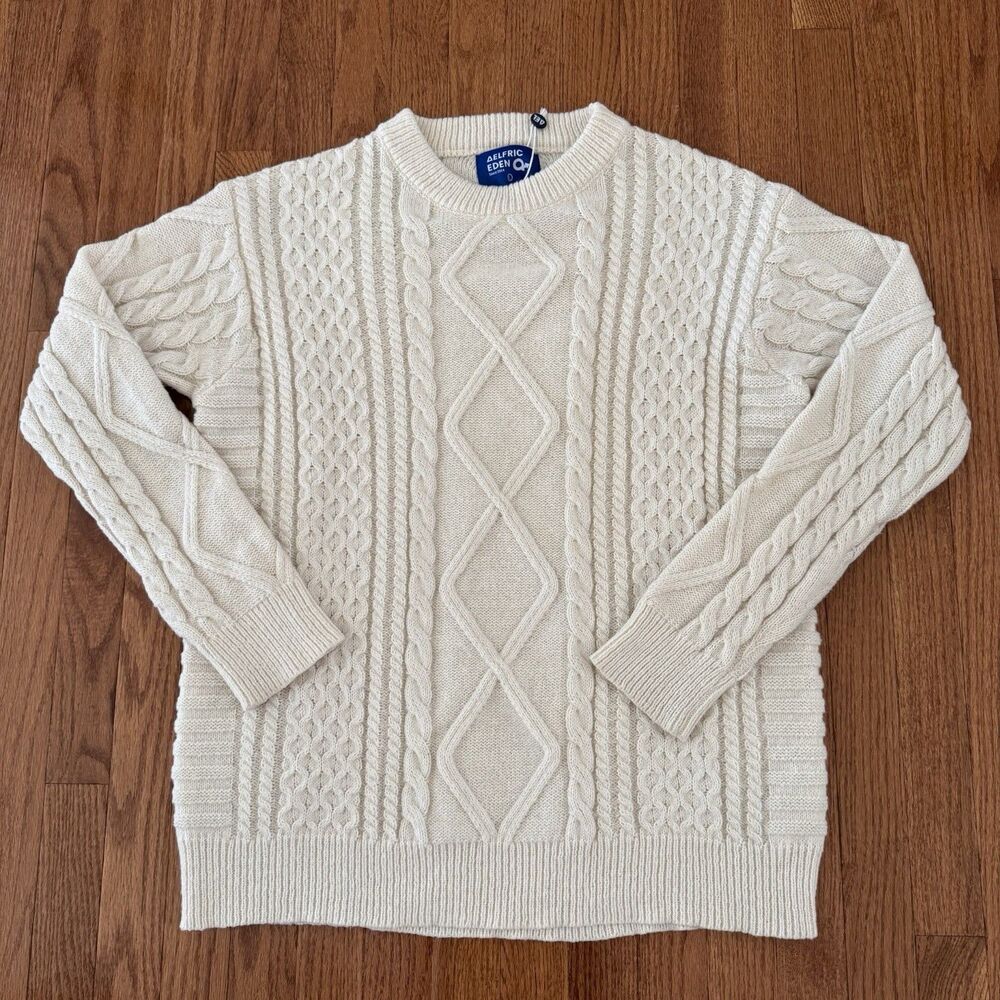 Aelfric Eden Cableknit Fisherman Sweater Women’s Large Ivory Crewneck Pullover